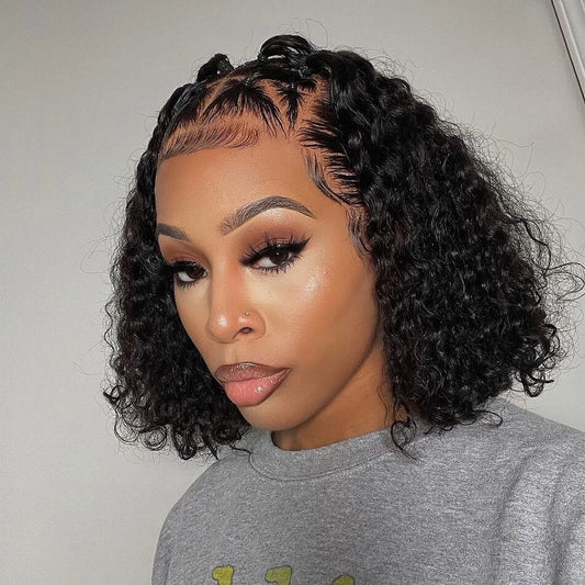 Deep Curly 13X4 transparent Lace Front Bob Glueless wig 180% Density