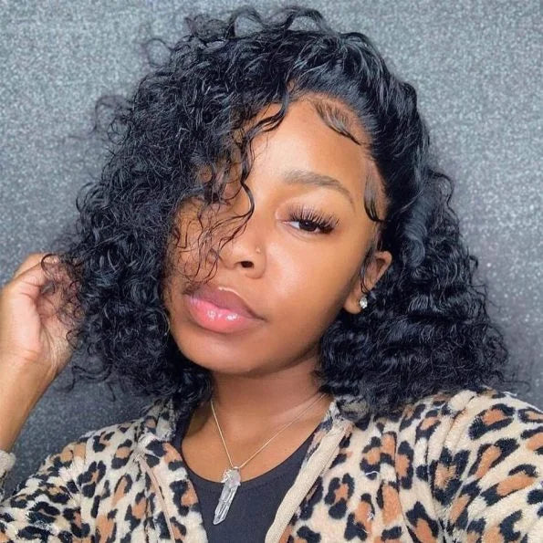 Deep Curly 13X4 transparent Lace Front Bob Glueless wig 180% Density